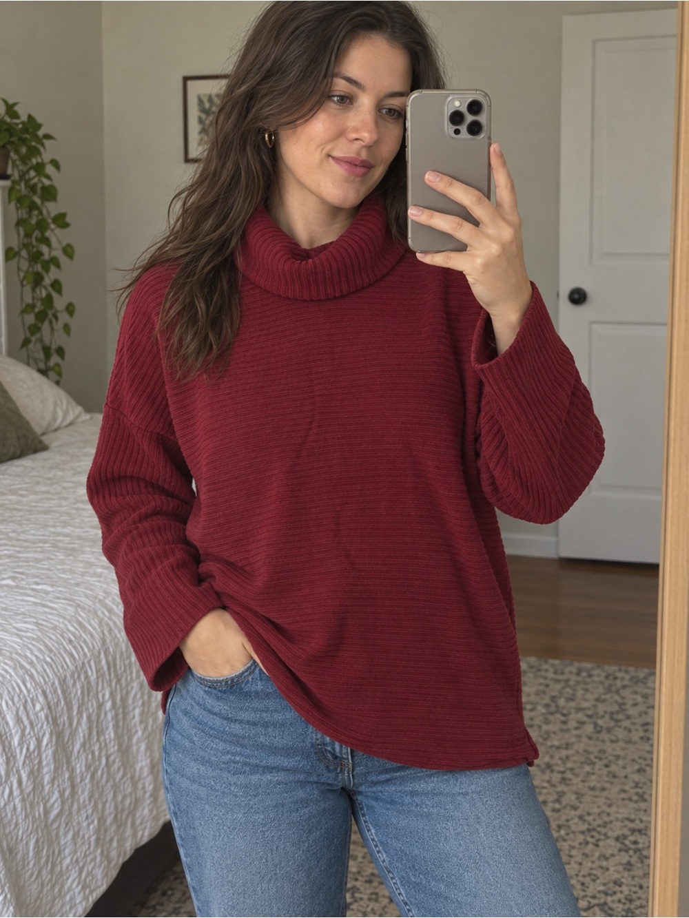 Time and Tru Burgundy Ribbed Cowl Neck Sweater